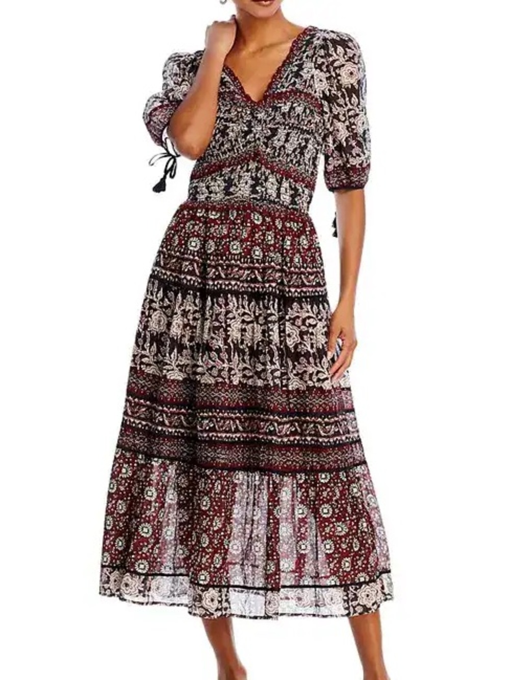 Sea New York Burgundy and Black Floral Tiered Midi Dress
